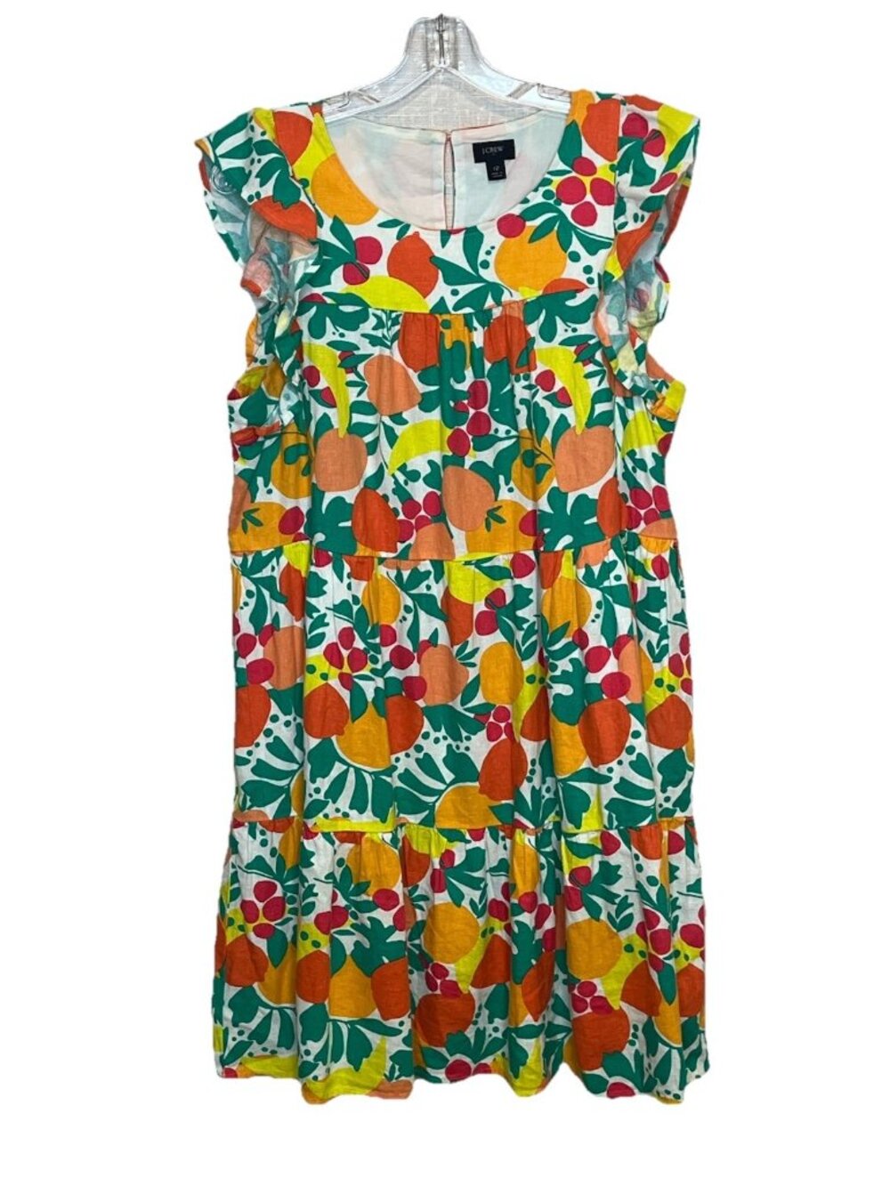 J Crew Sz 12 Linen Blend Fruit Print Tiered Dress Ruffle Sleeve Tropical Citrus